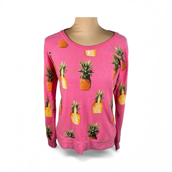 CHASER Pink Pineapple Pullover Crew Neck Long Sleeve Pink Sweater NWT Medium - Picture 2 of 7